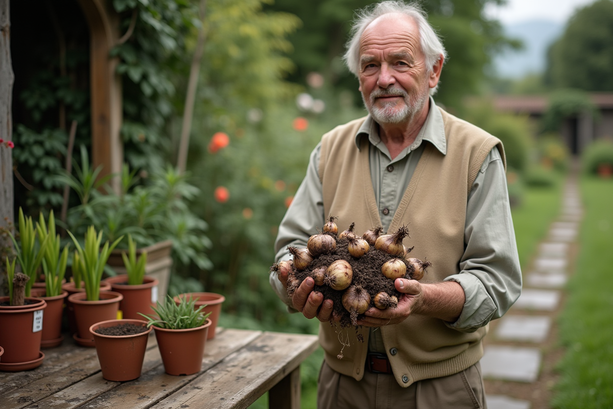 Homme âgé tenant des bulbes de lys dans un jardin rural