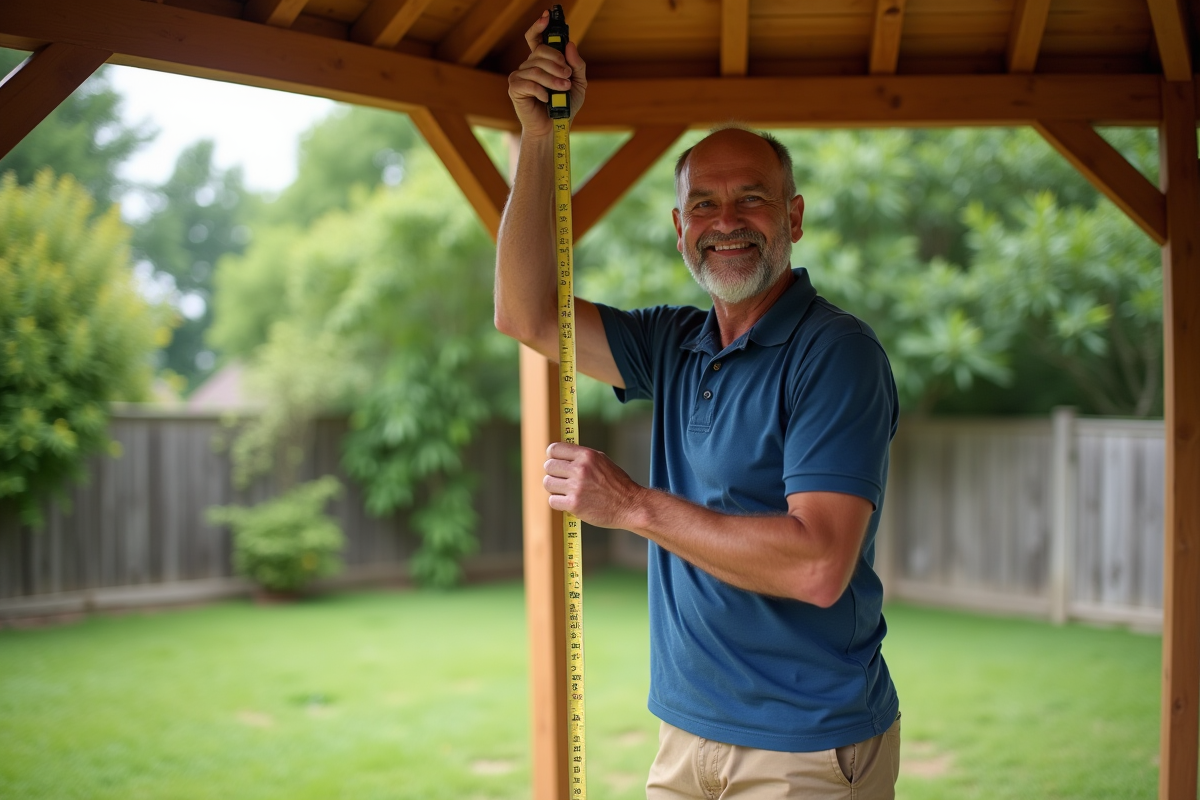 Homme mesurant un poteau de gazebo en extérieur