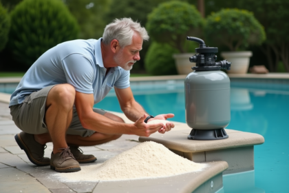 Homme examine du sable blanc dans un filtre de piscine