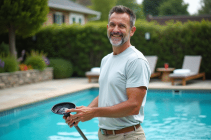 Homme d'âge moyen nettoyant une piscine au sel en extérieur