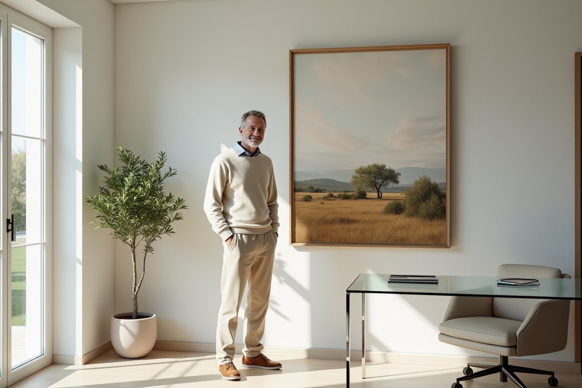 Homme habille dans un bureau lumineux avec une grande peinture de paysage