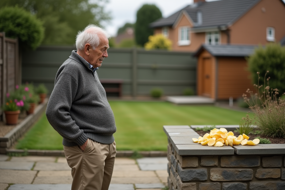 Homme âgé regardant des peaux de pommes de terre dans le jardin