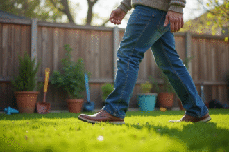 Homme d'âge moyen marchant sur une pelouse verte en jardin