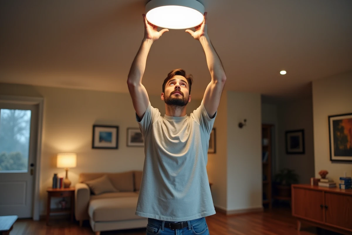 Jeune homme inspectant un luminaire LED au plafond du salon