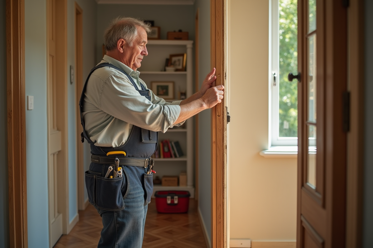 Homme en tenue de travail examine une porte en bois déformée