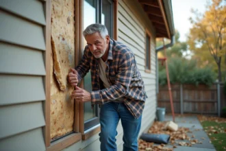 Hommes inspectant l'isolation extérieure de sa maison