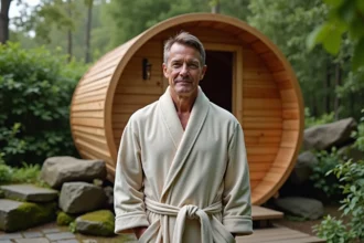 Homme d'âge moyen dans un sauna en plein air dans un jardin