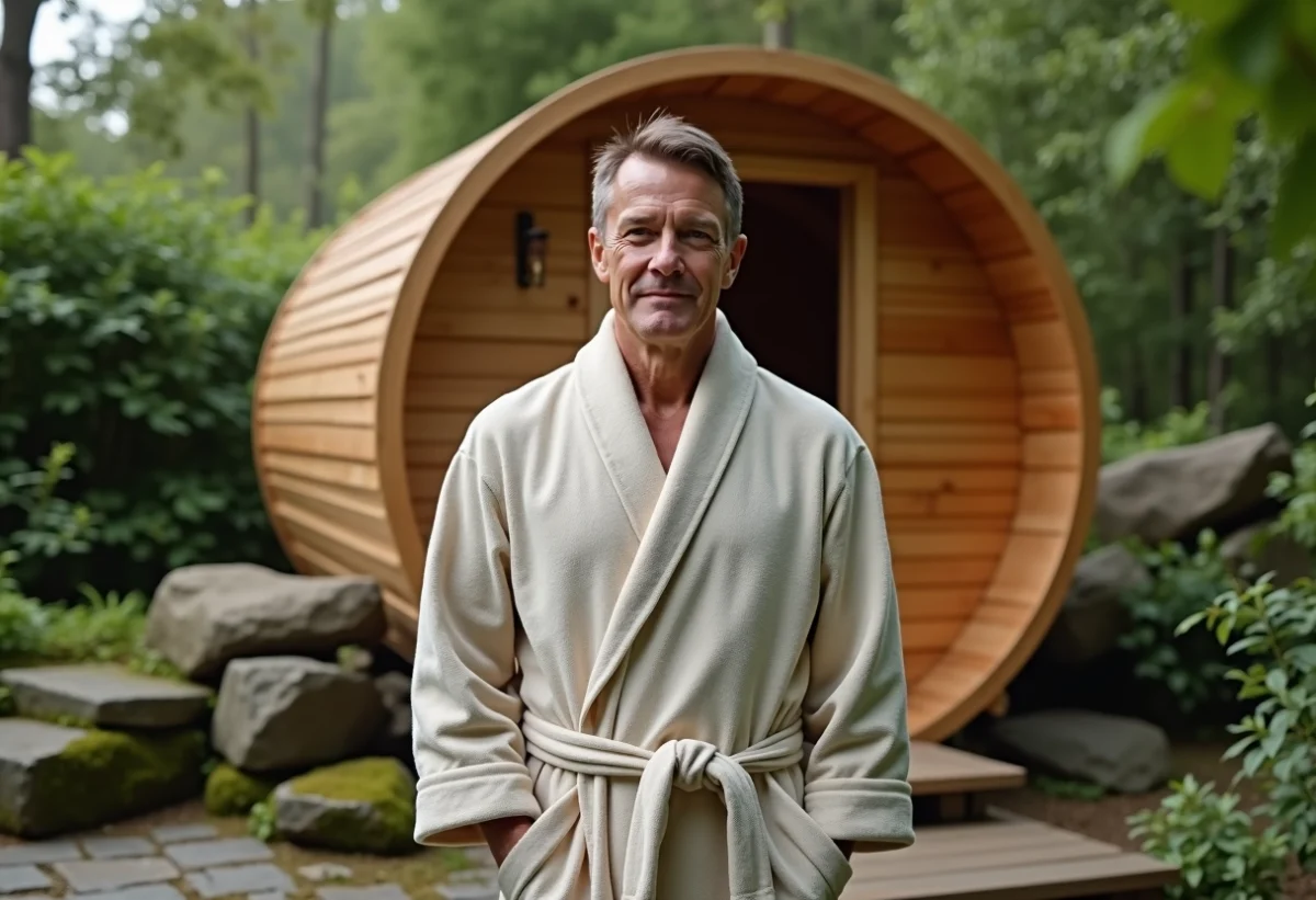 Homme d'âge moyen dans un sauna en plein air dans un jardin