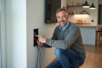 Homme d'âge moyen ajustant un panneau de contrôle domotique dans un salon moderne