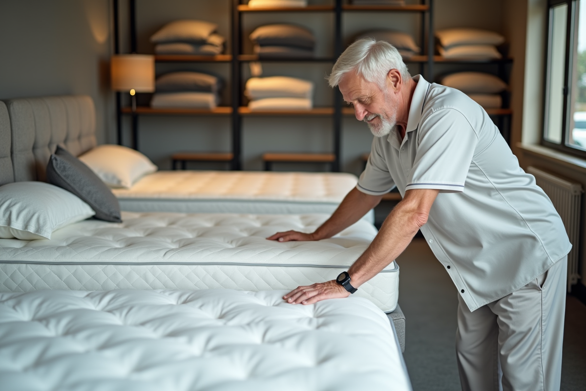 Homme âgé examinant différents matelas en magasin