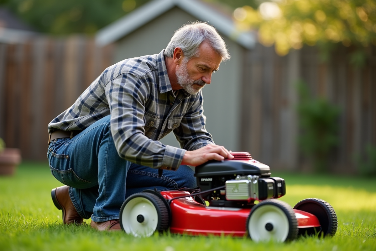 Homme d'âge moyen vérifiant l'huile de la tondeuse dans le jardin