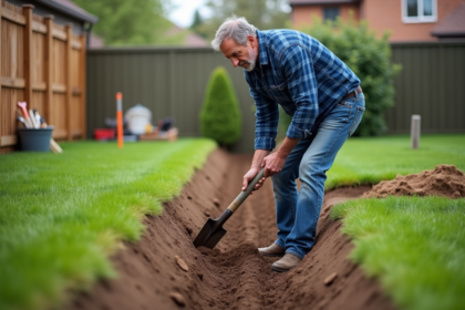 Homme en vêtements de travail creusant une tranchée dans un jardin
