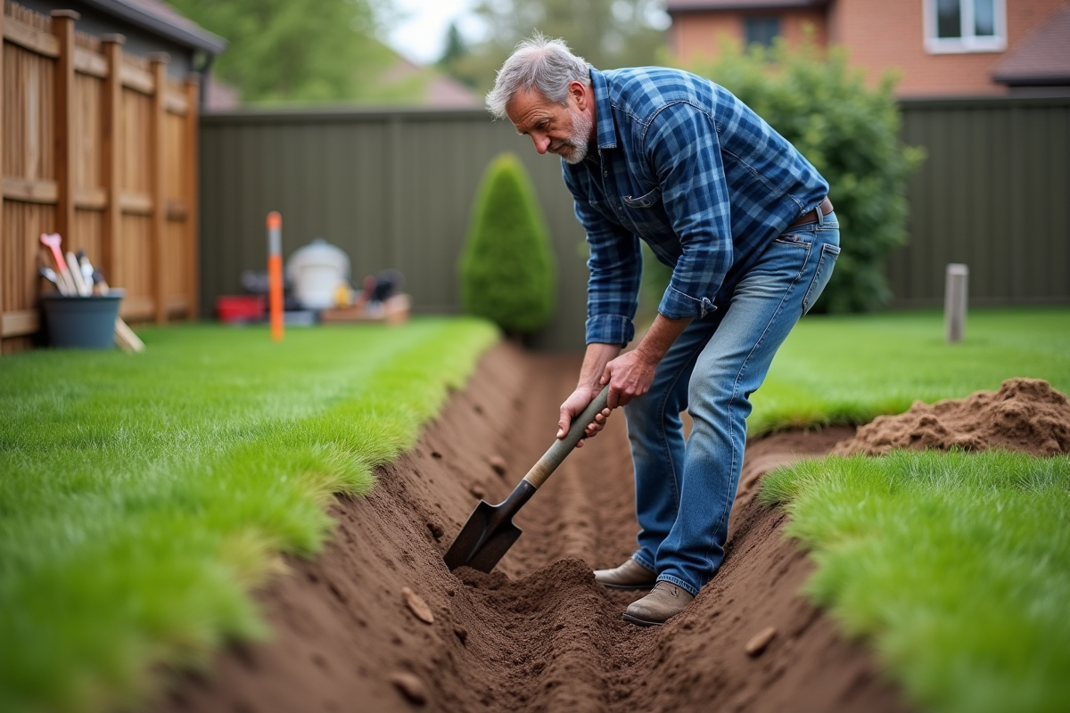 Homme en vêtements de travail creusant une tranchée dans un jardin