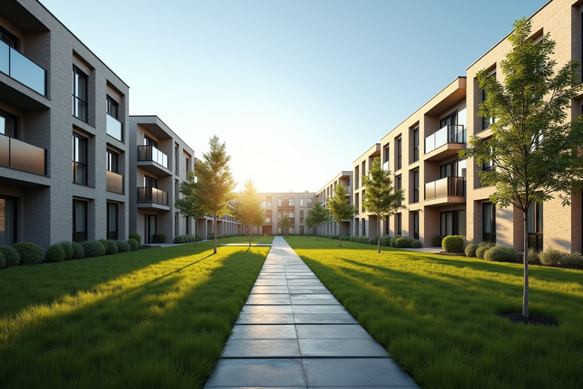 Bâtiments de logement social modernes avec espaces verts ensoleilles