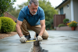 Ouvrier inspectant une fissure sur un patio en béton