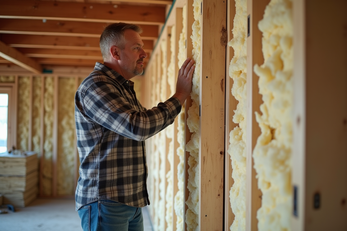 Homme inspectant une isolation de grenier dans une maison