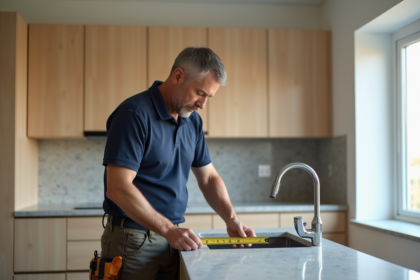 Installateur cuisine homme en action avec mètre dans une cuisine moderne