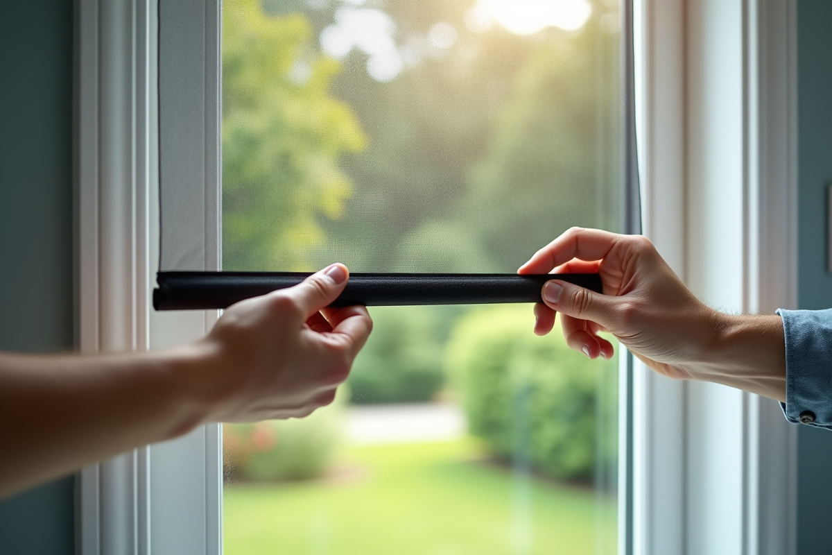 Main installant une moustiquaire sur une fenêtre de chambre