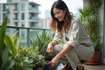 Femme souriante près de plantes grasses sur balcon urbain