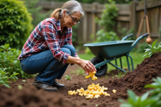 Femme en jardinage compostage avec peaux de pommes de terre