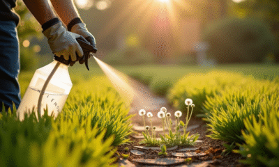 Personne pulvérisant une solution naturelle contre les mauvaises herbes dans le jardin