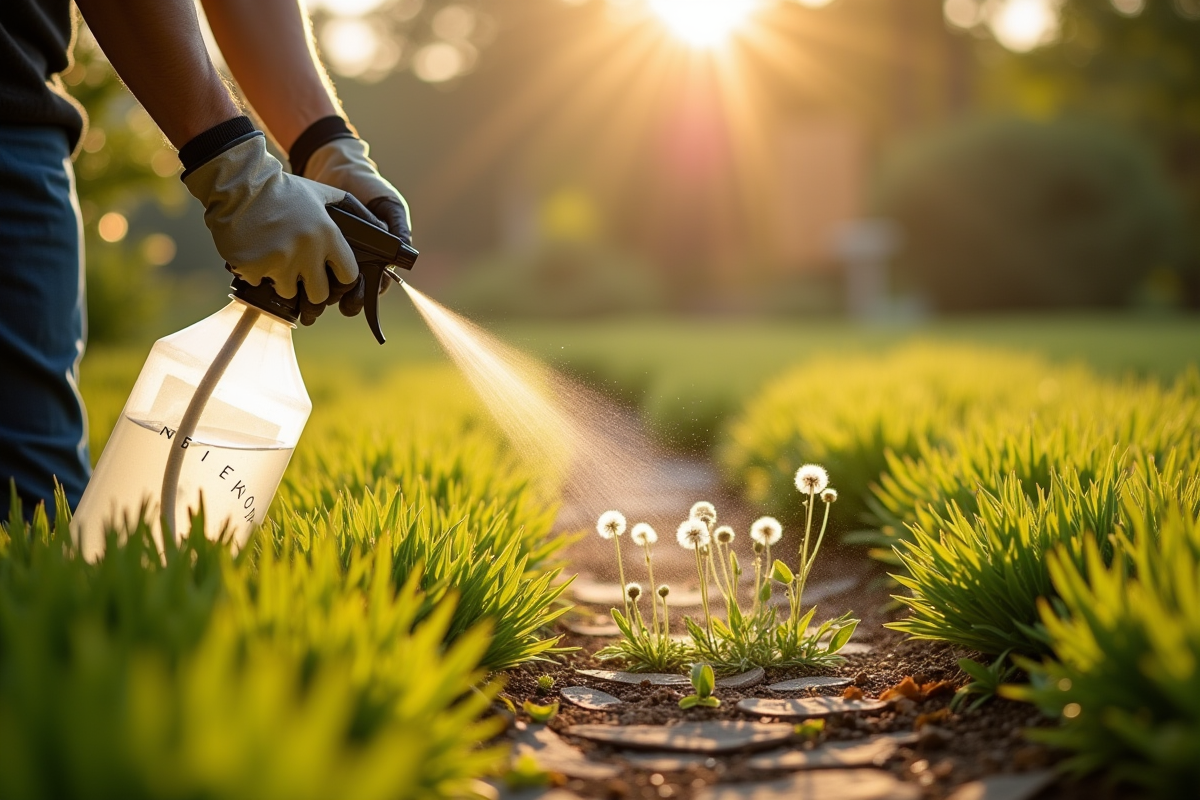 Personne pulvérisant une solution naturelle contre les mauvaises herbes dans le jardin