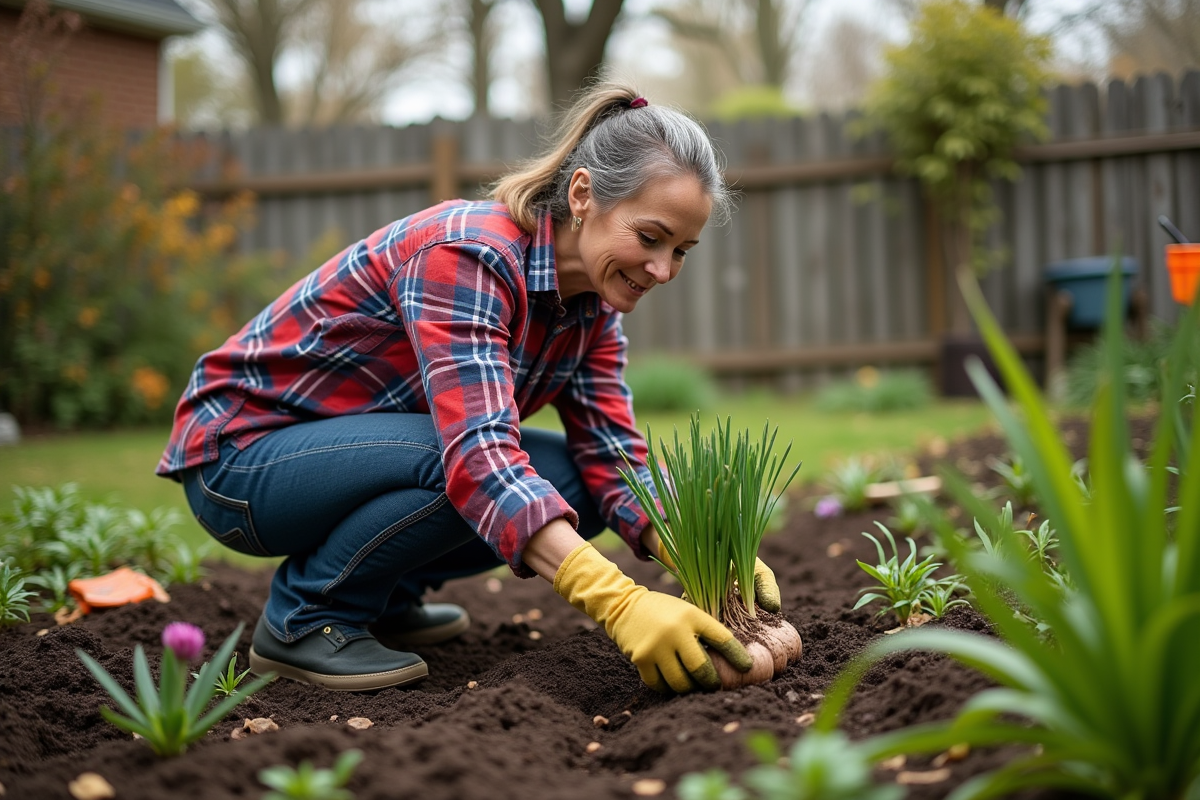 Femme en jardinage avec bulbes de lys dans un jardin