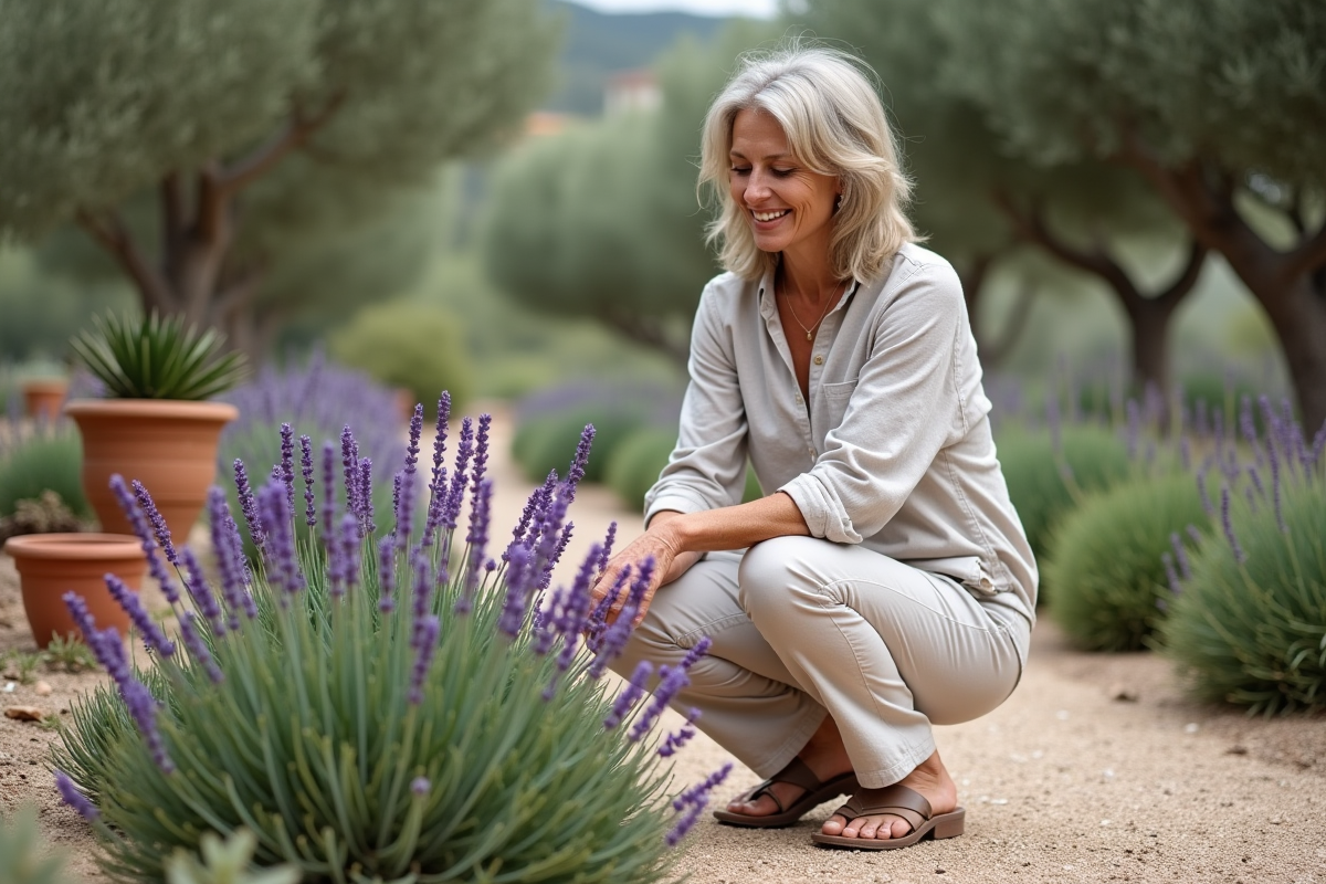 Femme méditerranéenne examine des plantes résistantes à la sécheresse