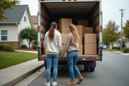 Jeune couple chargeant des cartons dans un camion de déménagement