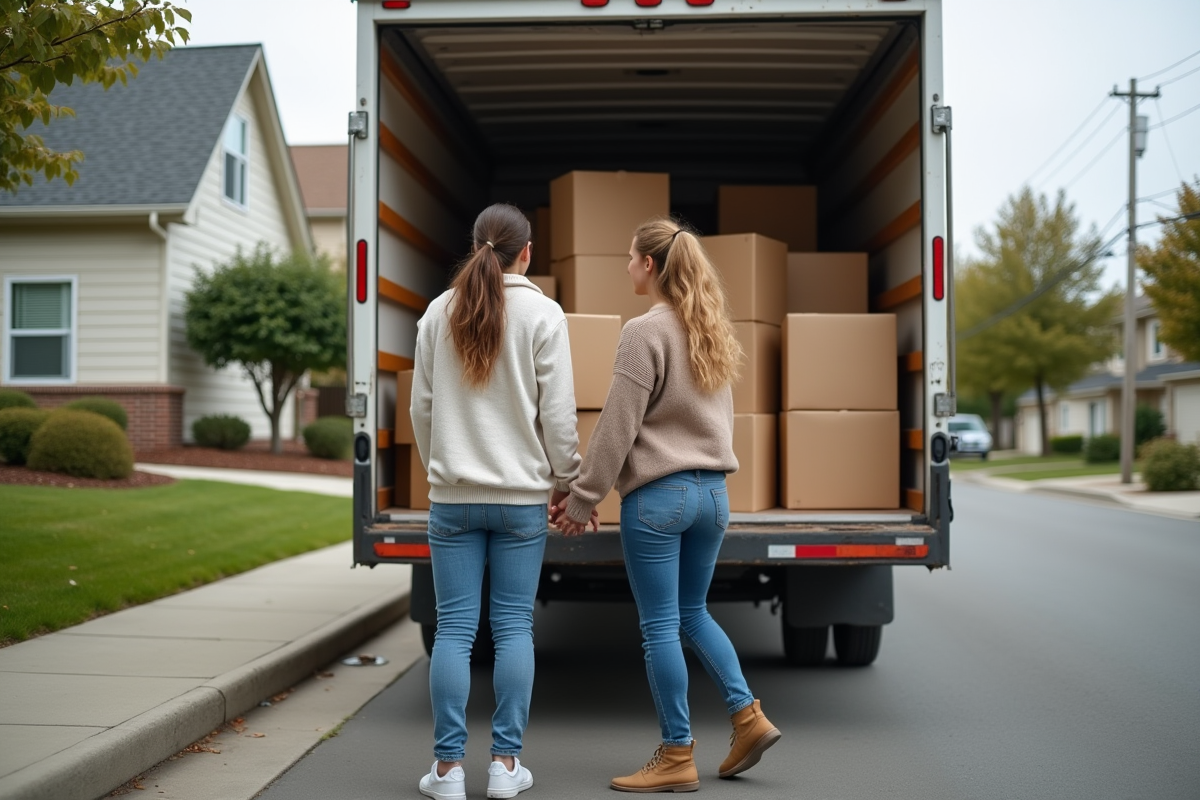 Jeune couple chargeant des cartons dans un camion de déménagement