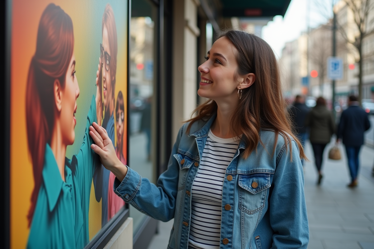 Jeune femme curieuse regardant une affiche colorée en ville
