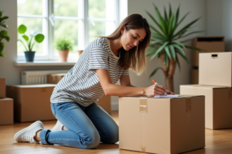 Jeune femme emballant une boxe dans un salon lumineux