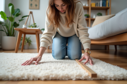 Jeune femme mesure un tapis dans un salon lumineux