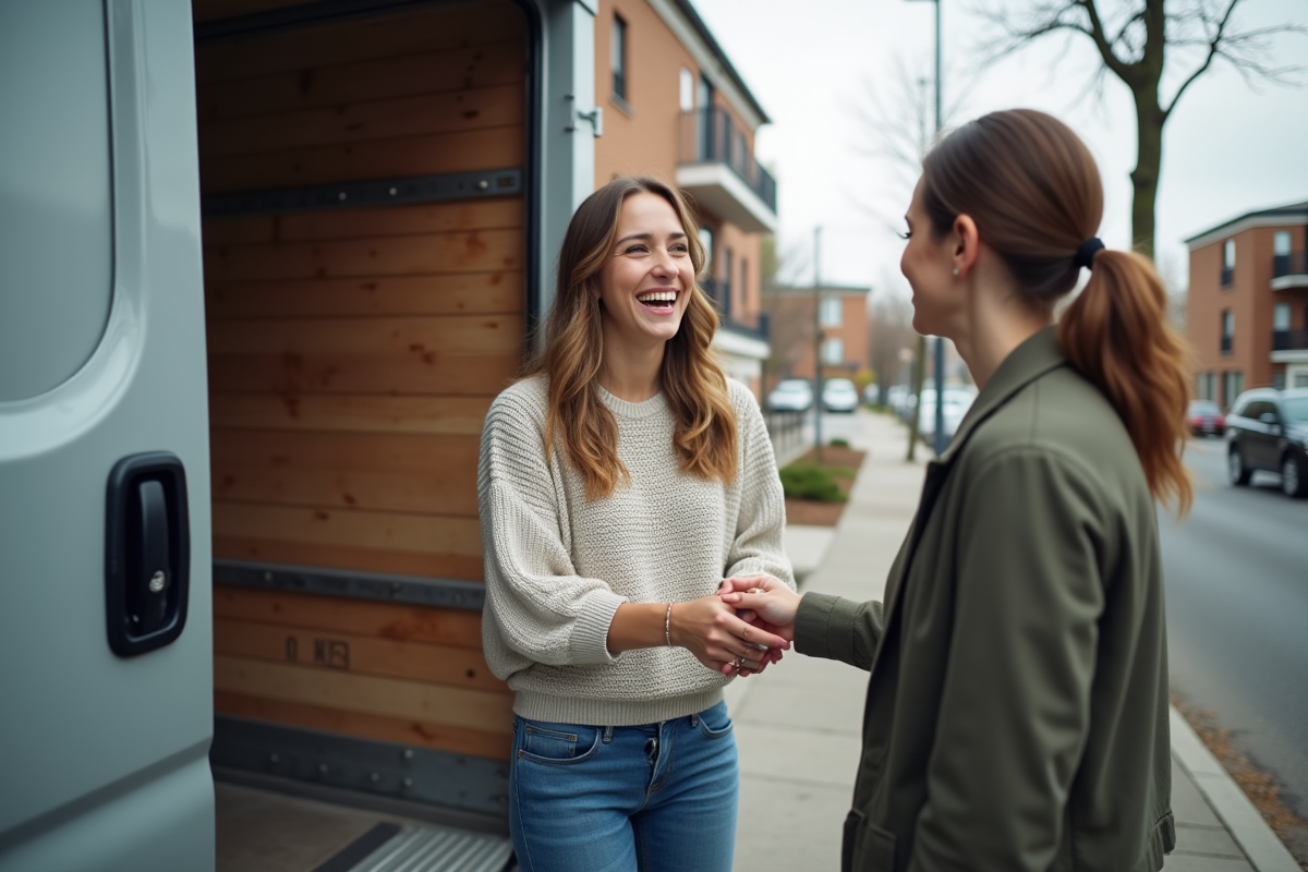 Jeune femme donnant les clés à un agent de location devant un van