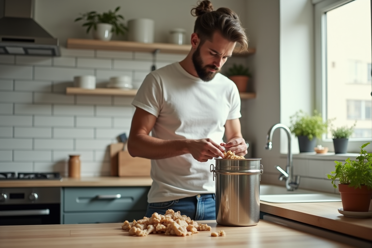 Jeune homme séparant des restes de poulet dans une cuisine moderne