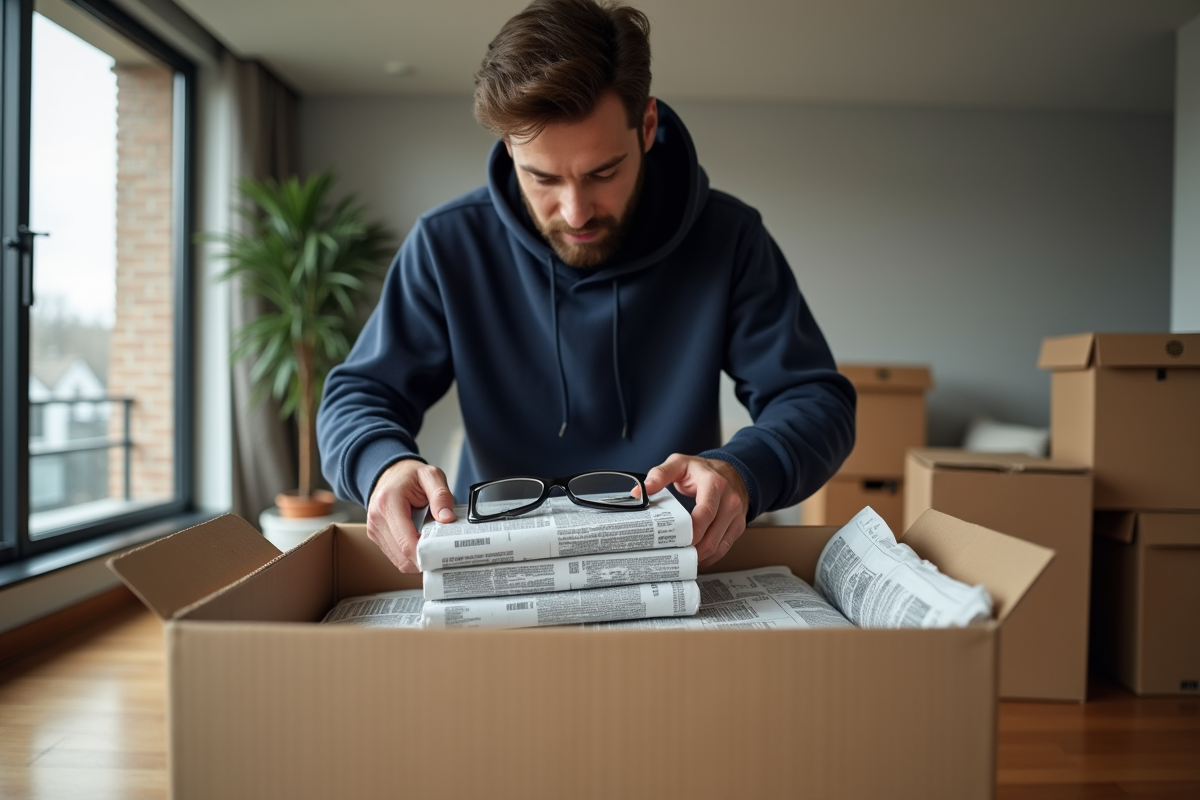 Jeune homme plaçant des verres emballes dans une boîte de déménagement