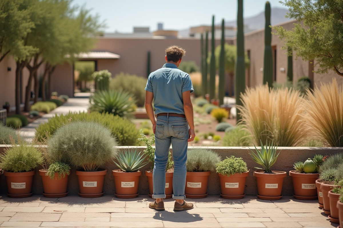 Jeune homme étiquette des succulentes dans un jardin urbain