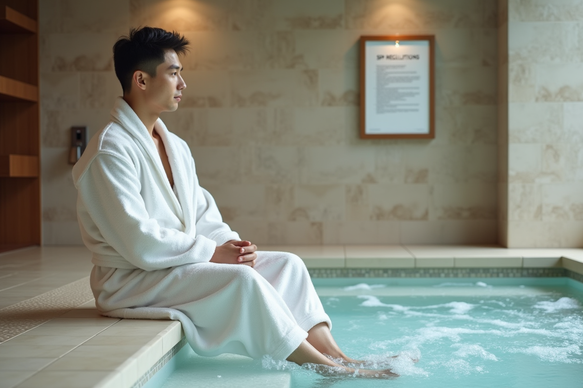 Jeune homme en peignoir dans un spa intérieur