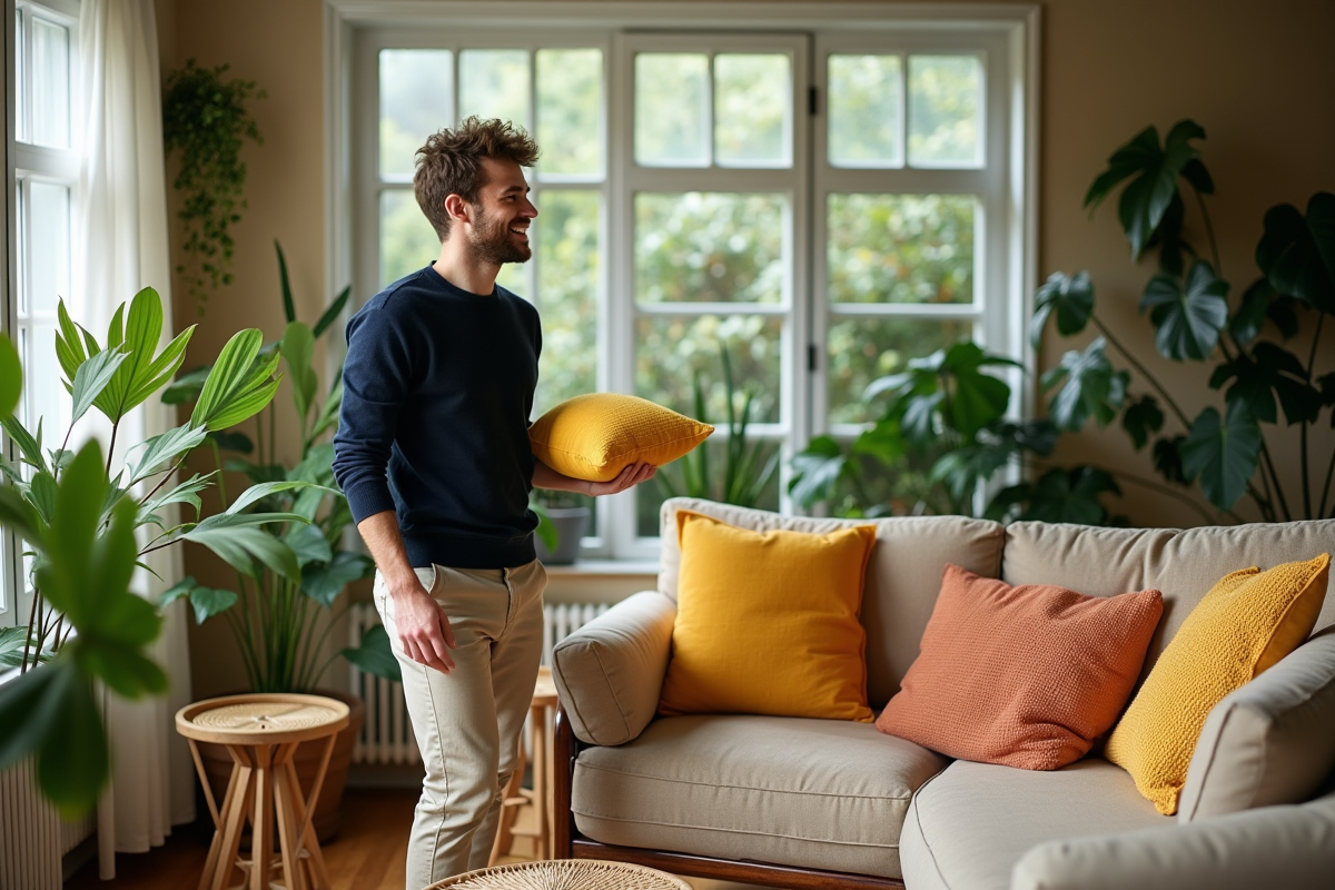 Jeune homme jouant avec un coussin dans un sunroom lumineux