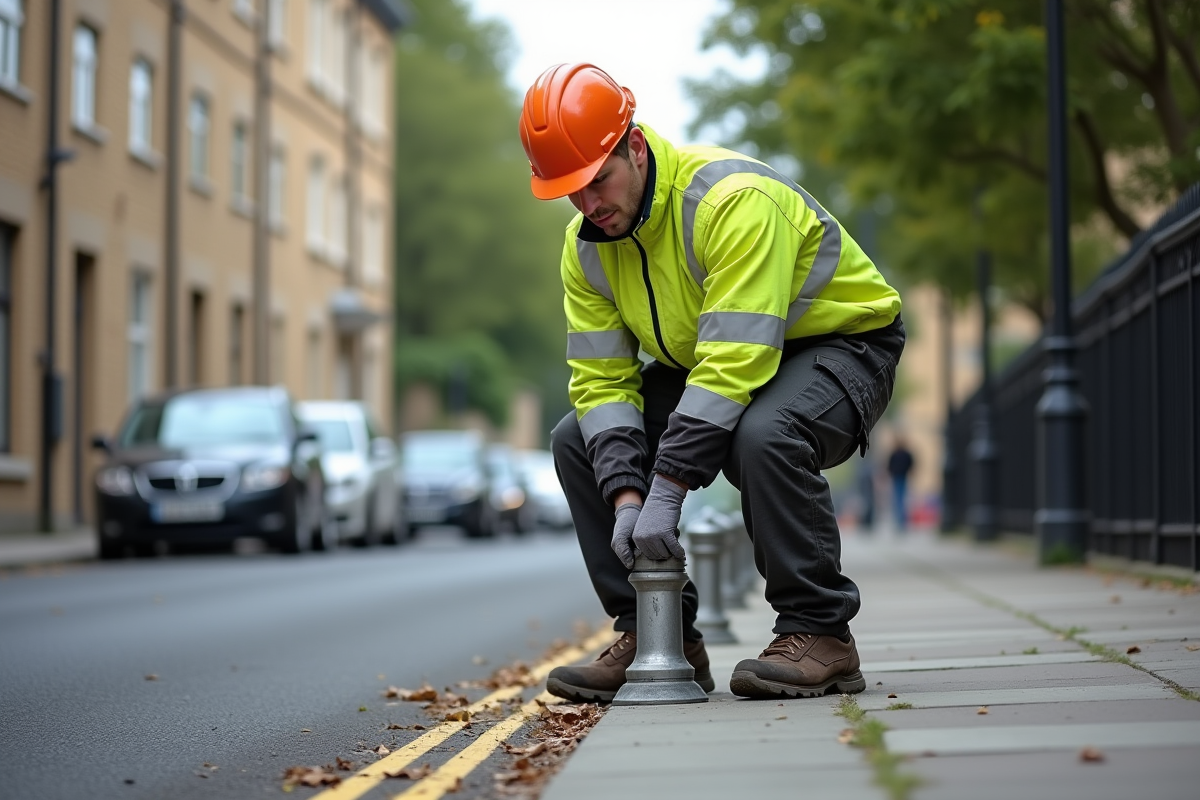 Jeune ouvrier fixant un bollard en ville