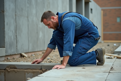 Ouvrier en overalls examine le joint entre dalle et fondation