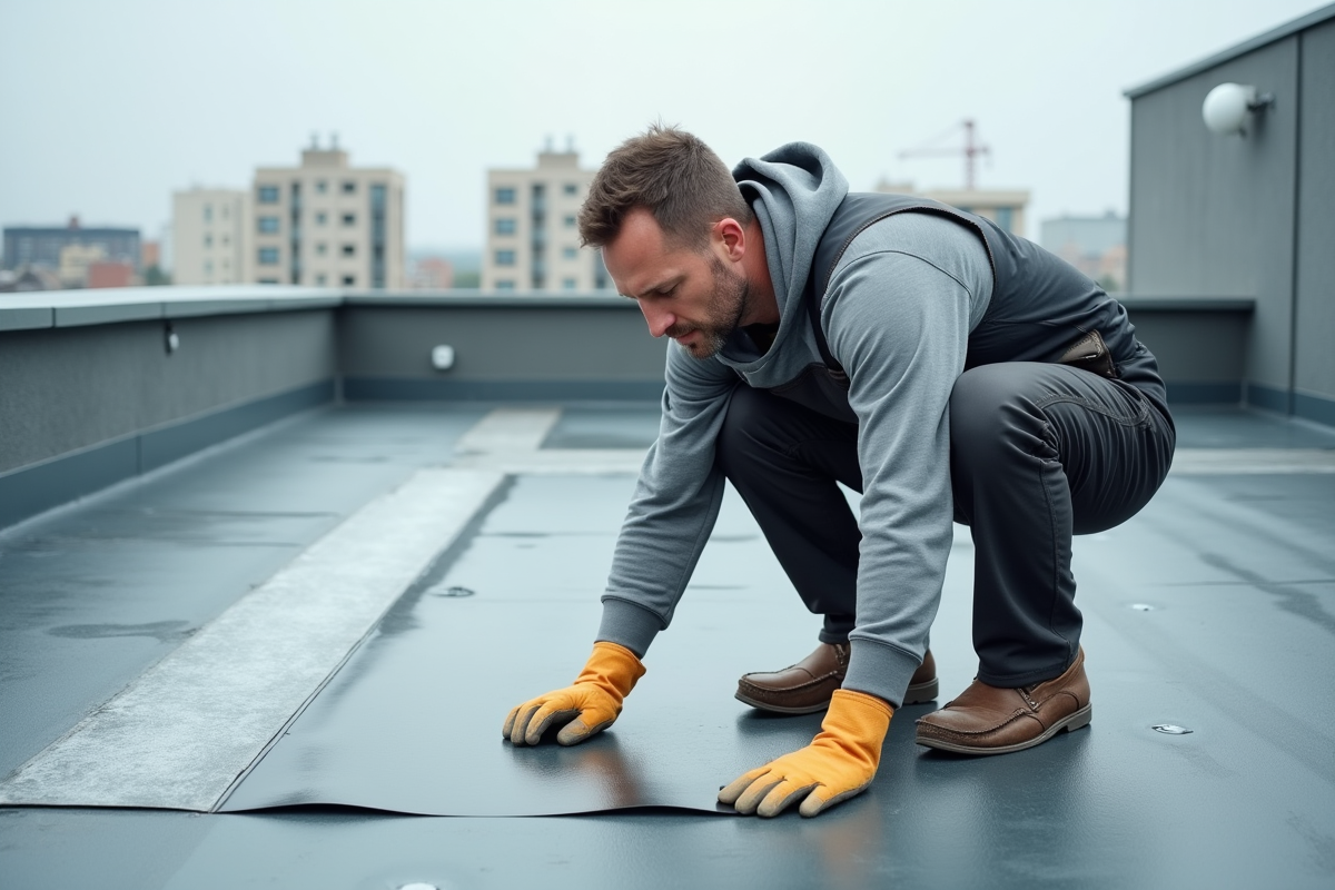 Ouvrier couvreur appliquant une membrane sur un toit urbain