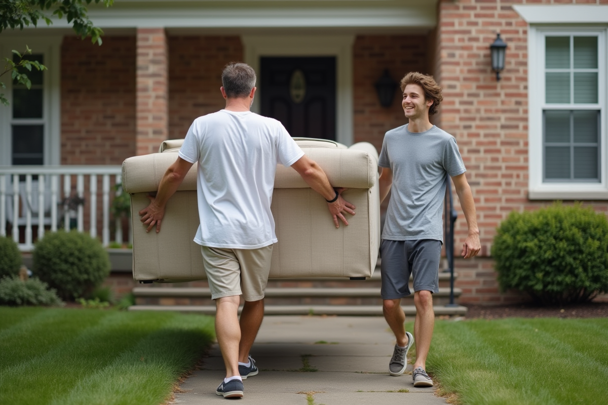 Pere et fils portant un canapé devant une maison
