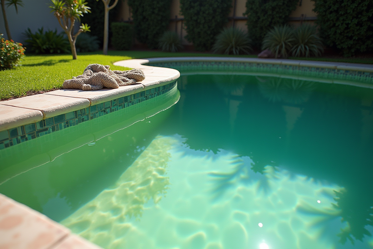Piscine avec algues vertes visibles sur les murs avant nettoyage dans le jardin