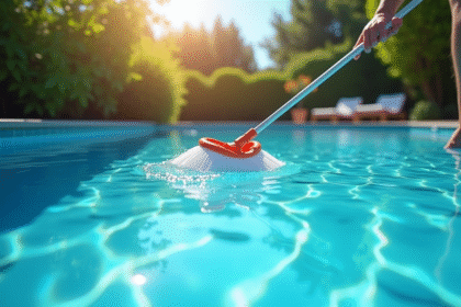 Piscine extérieure propre et brillante sous le soleil avec une personne nettoyant la surface