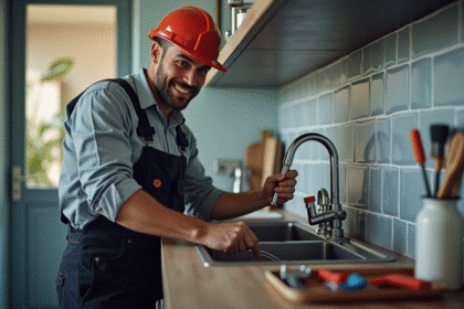 Plombier souriant inspectant des tuyaux modernes sous un évier de cuisine