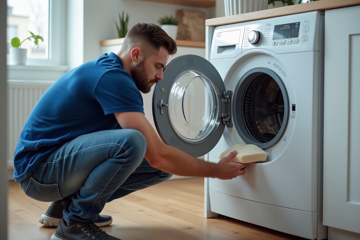 Homme en bleu sécurise le tambour d'un lave-linge