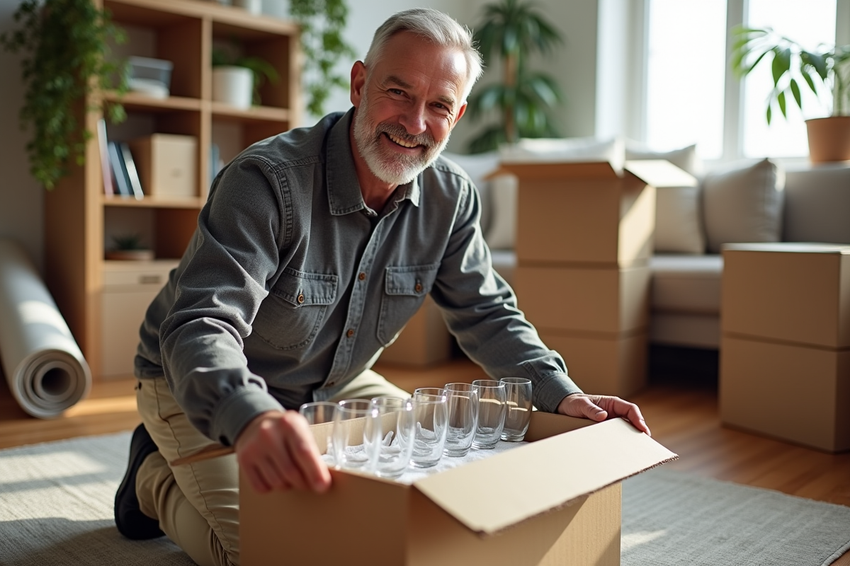 Homme rangeant verre dans une boîte en transition