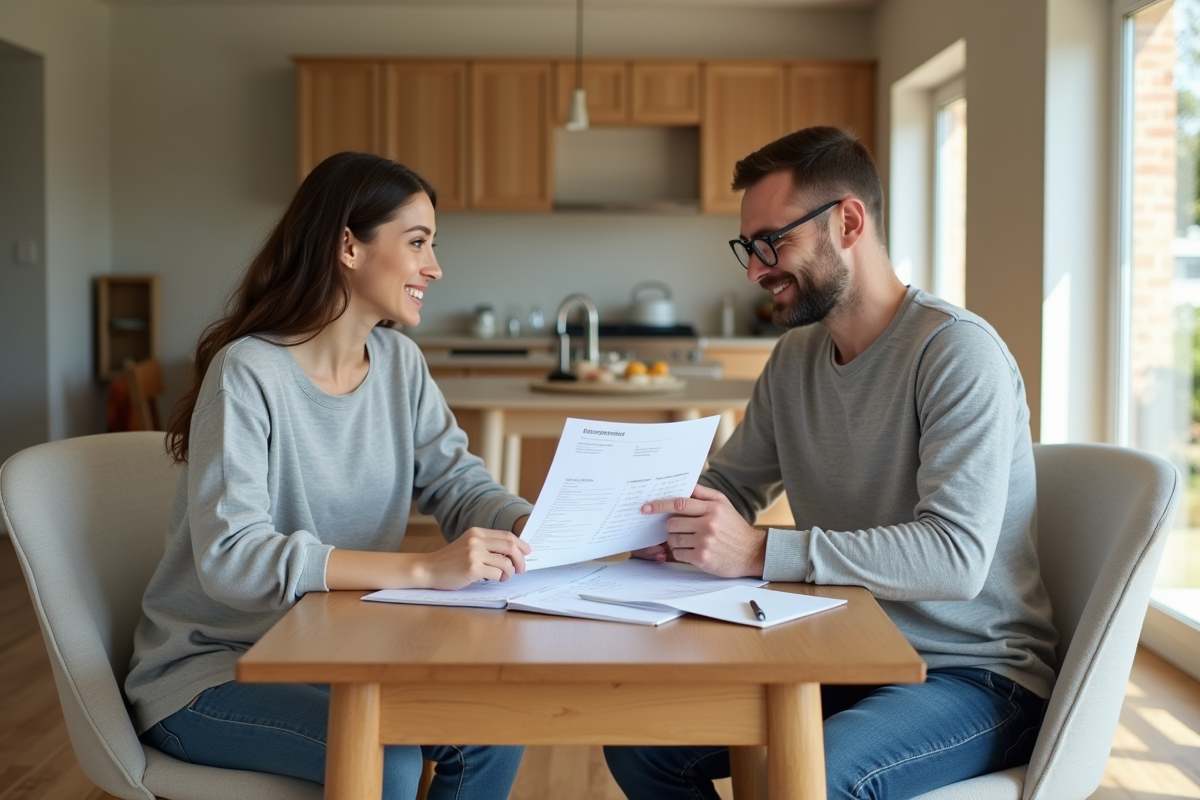 Femme et entrepreneur discutant devis cuisine dans une salle lumineuse