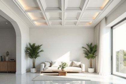 Salon moderne avec plafond coffré blanc et lumière naturelle